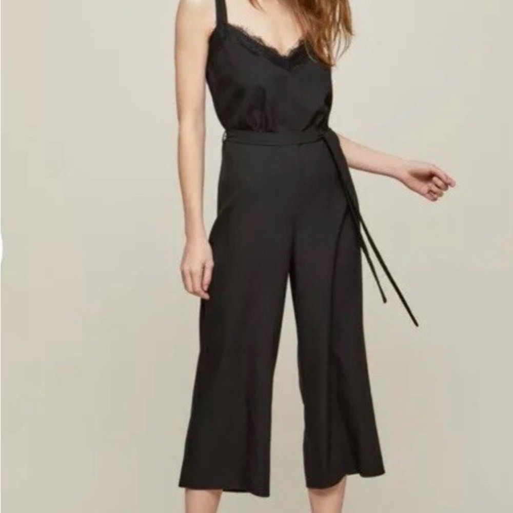 Miss Selfridge Jumpsuit‎ Women US 4 Black Excellent Lace Trim Wide Leg Belted